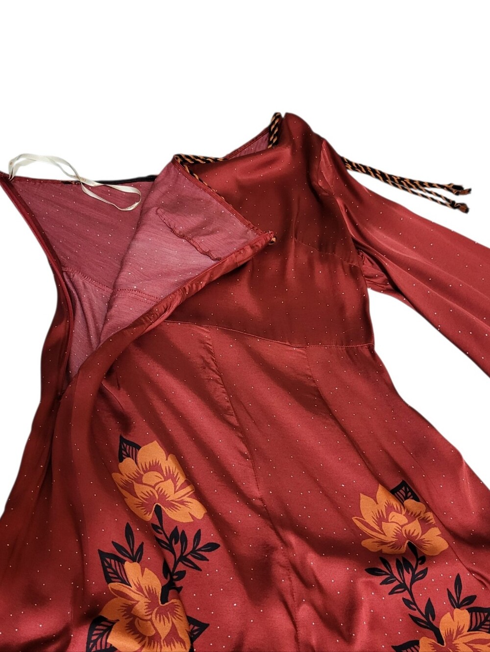 Farm Rio Anthropologie One Shoulder Jumpsuit Sz M Red Floral Satin Boho Festival - Picture 4 of 16
